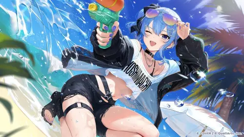 ▲星街彗星全新5★夏日造型亮相，手持水槍現身海灘。（圖／翻攝自《hololive Dreams》）