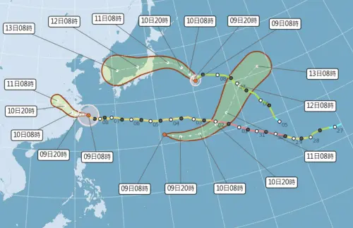 ▲熱帶性低氣壓 TD17 今（9）日在台灣東方遠海出現，並增強為颱風「琵鷺」，與白海豚、昌鴻三颱共舞。（圖／中央氣象署cwa.gov.tw）