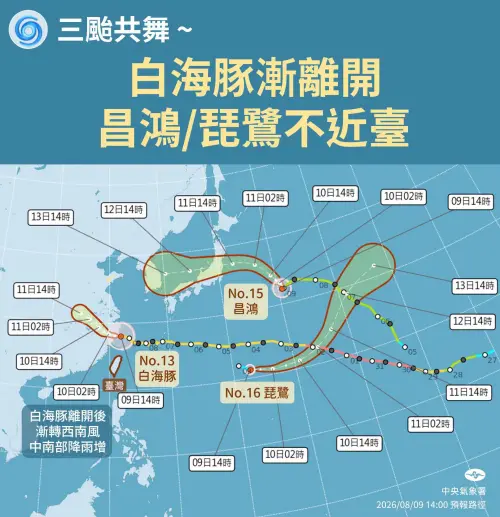 ▲白海豚颱風遠離後，剩餘的昌鴻颱風、琵鷺颱風對台灣都不會有影響。（圖／中央氣象署cwa.gov.tw）