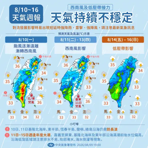▲氣象署公布未來一周天氣重點，周一到周四因西南風影響，南部地區有較大雨勢，周五至周日則因低壓帶影響，全台都有降雨機會。（圖／中央氣象署cwa.gov.tw）
