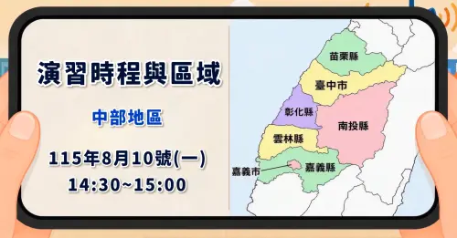 ▲2026年城鎮韌性（防空）演習於今（10）日在中部地區登場，苗栗縣、臺中市、南投縣、彰化縣、雲林縣、嘉義市、嘉義縣7縣市民眾都受到影響。（圖／行政院臉書）