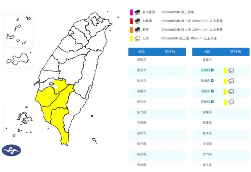 ▲氣象署今日清晨3時20分，針對「嘉義縣、台南市、高雄市、屏東縣」4縣市發布大雨特報。（圖／中央氣象署cwa.gov.tw）
