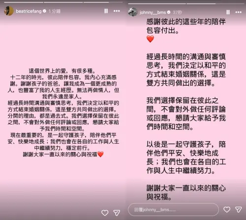 ▲方志友、楊銘威10日宣布離婚。（圖／IG@beatricefang、johnny__bms）