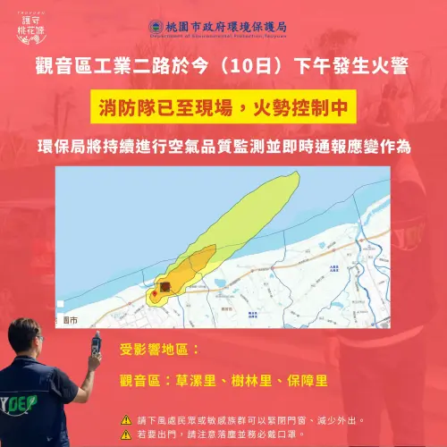 ▲桃園市環保局也立刻進行空品監測模擬。目前事故現場風速為每秒 1.5 公尺，下風處區域可能會產生明顯異味，預估受影響的區域包含觀音區的草漯里、樹林里以及保障里。（圖／桃園市環保局）