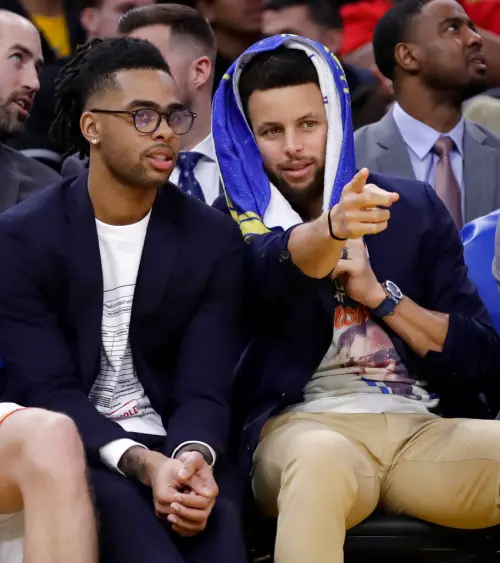 ▲羅素（D'Angelo Russell，左）曾與柯瑞在2019-20年球季短暫當過隊友。（圖／美聯社／達志影像）
