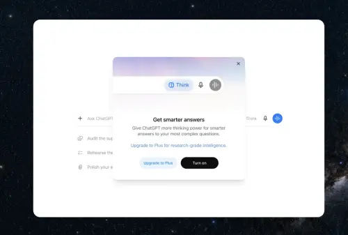 ▲ChatGPT新增「Think」思考功能，使用者可在提問前開啟，讓AI花更多時間處理較複雜的問題，提供更完整的回答。（圖／螢幕截圖）