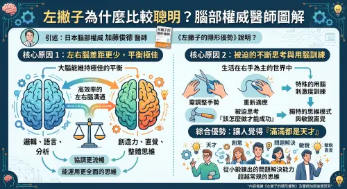 ▲日本腦部權威加藤俊德醫師圖解「左撇子隱形優勢」，左右腦平衡與後天用腦訓練是關鍵。（圖／AI協助／NOWNEWS監製）