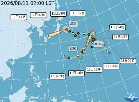 ▲西北太平洋目前有季風環流盤據，第15號輕颱昌鴻、第16號輕颱琵鷺及另一熱帶低壓分別位於環流周邊，皆呈逆時針方向移動，現階段對台灣沒有威脅。（圖／中央氣象署cwa.gov.tw/）