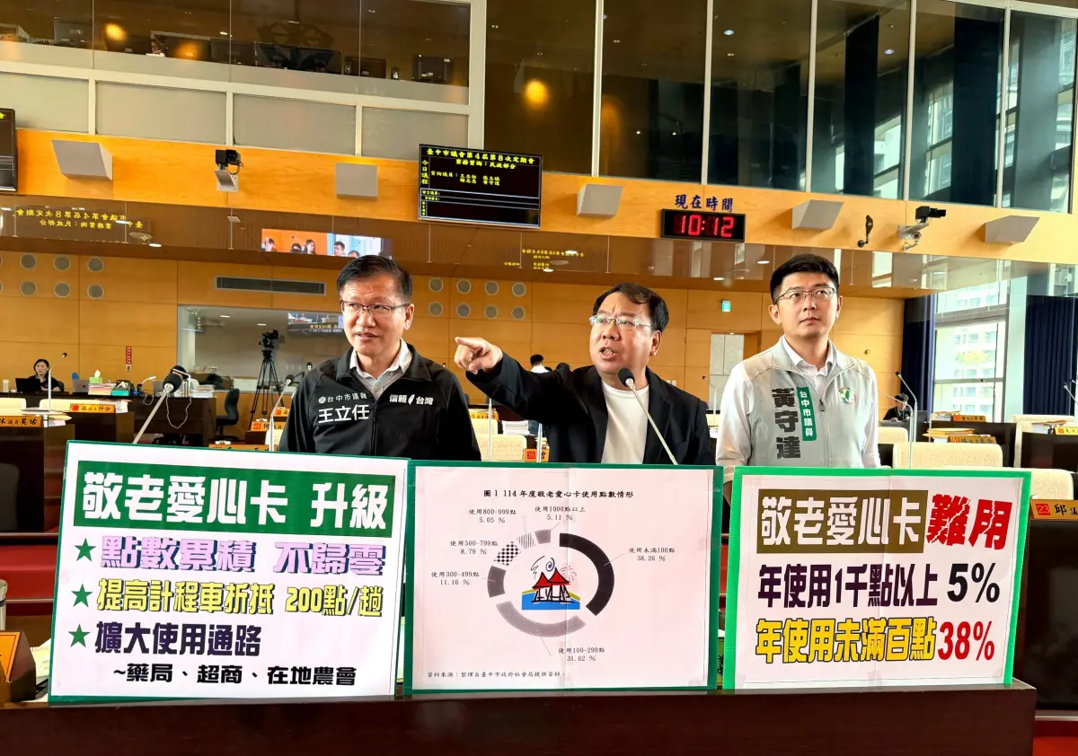 ▲市議員謝志忠等人痛批，盧市府的敬老卡淪為「看得到、吃不到」的政策，要求市府全面升級並擴大使用通路(圖／柳榮俊攝2026.8.11)
