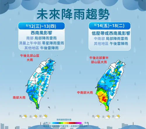 ▲台灣未來一周接續受到西南風、低壓帶等影響，整體環境不穩定、降雨機率高。（圖／中央氣象署cwa.gov.tw）