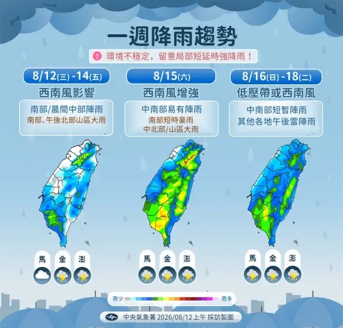 ▲氣象署指出，受到西南風、低壓帶影響，中南部雨勢較多。（圖／中央氣象署cwa.gov.tw）