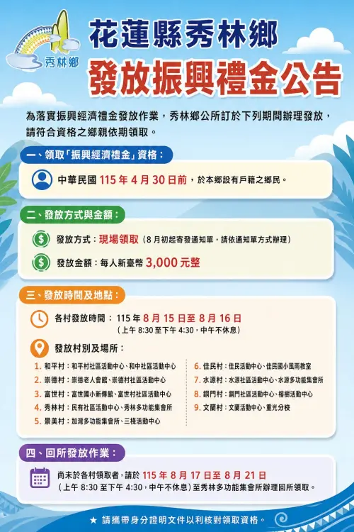 ▲花蓮縣秀林鄉8月15日發放「每人現金3000元」振興經濟禮金。（圖／花蓮縣秀林鄉FB）
