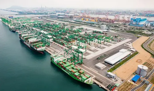 Cargo ships dock at a harbor. (Taiwan International Ports Corporation)