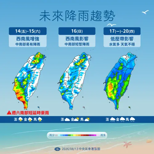 ▲明（14）日、周六（15日）兩天，西南風有增強趨勢，而且降雨會持續到下周。（圖／中央氣象署cwa.gov.tw）