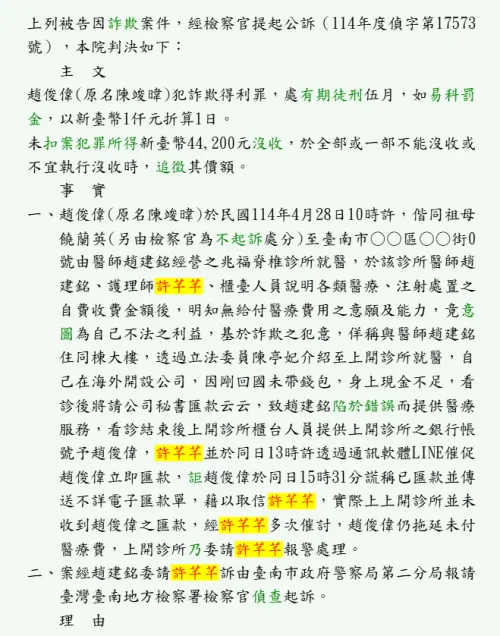 ▲許芊芊去年提告趙男，替診所追討4萬4200元的治療費。（圖／翻攝自司法院裁判書查詢系統）