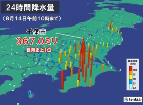 ▲千葉縣破紀錄暴雨！24小時降雨量367毫米是月均三倍（圖／截自日本氣象廳）