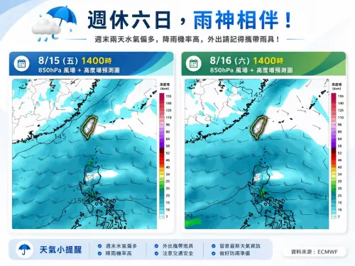 ▲今天大環境西南風增強，帶進來的水氣含量比昨天還多，迎風面中南部天氣不穩定，周末兩天都是雨神同行。（圖/林老師氣象站）