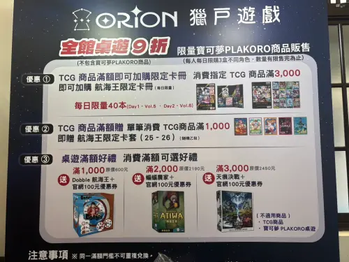 ▲獵戶遊戲品牌日推出多項限定優惠，包括桌遊全館9折、TCG滿額贈及《航海王卡牌遊戲》限定卡冊、卡套等活動。（圖／記者林若瑋攝）