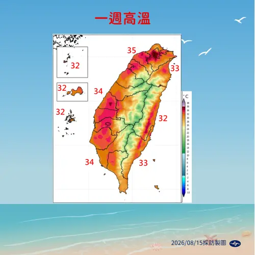 ▲各地約在32到35度的高溫，雙北、彰化可能還是會有局部36度以上的高溫。（圖／中央氣象署cwa.gov.tw）