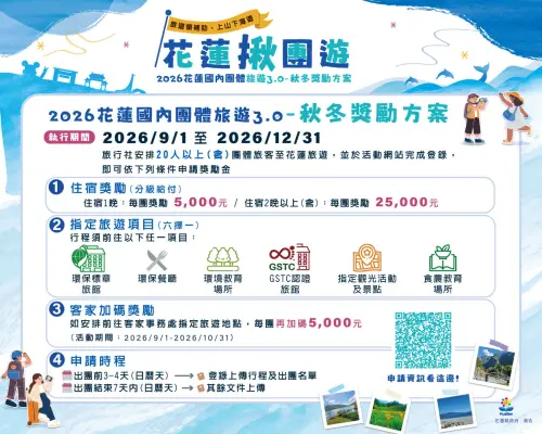 ▲2026最新旅遊補助「最高30000元」來了！花蓮國內團體旅遊3.0秋冬獎勵方案一圖看懂。（圖／花蓮觀光資訊網tour-hualien.hl.gov.tw）