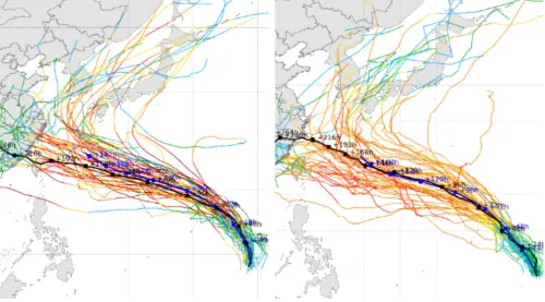 ▲圖左為沙德爾颱風歐洲（ECMWF）傳統模式系集預報、圖右為歐洲AIFS系集路徑預測。（圖／smca.fun）