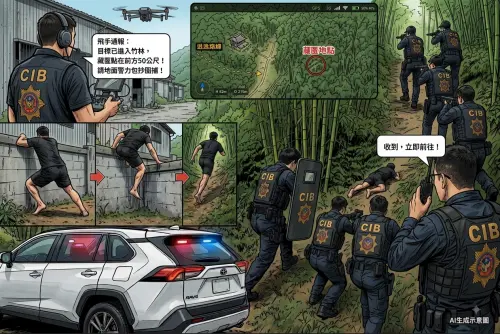▲刑事警察局偵查第六大隊用無人機從空中監控、地面警力同步包抄的「陸空夾擊」追查，警方陸續逮捕車手、監控手、收水手等22名成員(刑事局製作)