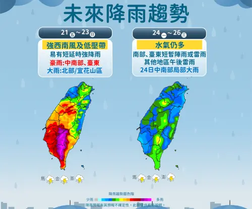 西南風、低壓帶夾擊！氣象署：全台豪雨連4天　沙德爾颱風恐擾台