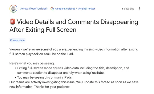 ▲YouTube官方在Google支援社群證實iPad用戶退出全螢幕後，可能遇到影片標題、說明及留言區消失，目前團隊正調查處理。（圖／翻攝官網）