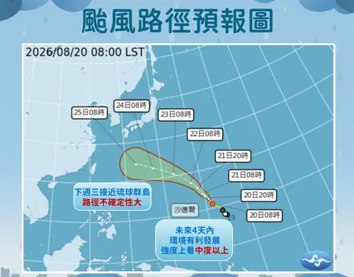 ▲沙德爾颱風本周末（8月22日至8月23日）有機會增強為強烈颱風，路徑主要朝西北。（圖／中央氣象署cwa.gov.tw）