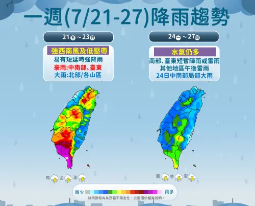▲西南風增強、低壓帶影響，周日前全台天氣不穩，北部有大雨、南部慎防局部豪雨。（圖／中央氣象署cwa.gov.tw）