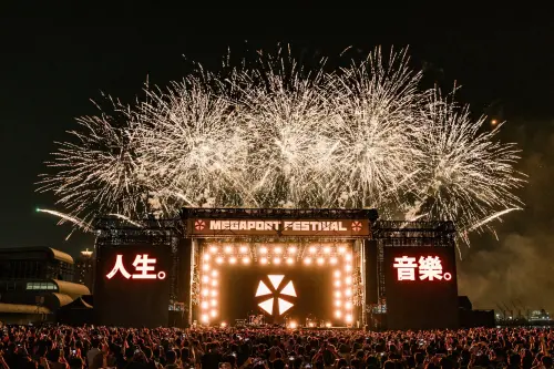 Festivalgoers cheer as fireworks light up the sky behind the Megaport Festival stage. (Megaport Facebook)