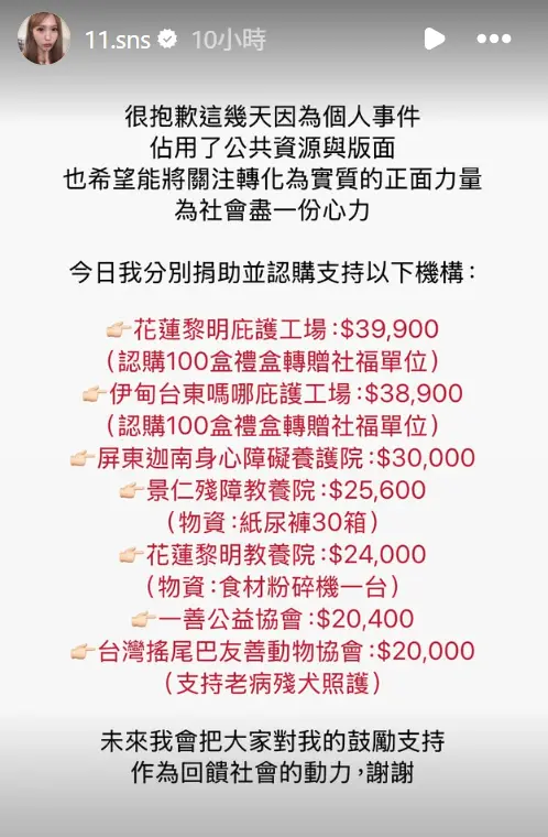▲蕭伊公開近20萬元的捐款明細，表示會把外界的支持當作回饋社會的動力。（圖／蕭伊IG@11.sns）