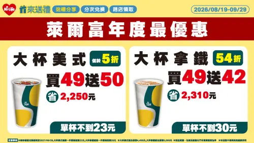 ▲萊爾富大杯美式49送50、大杯拿鐵49送42。（圖／萊爾富提供）