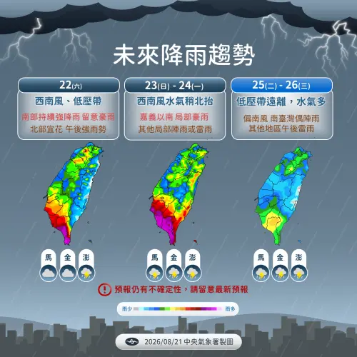 ▲下周一（24日）以前全台雨勢明顯，要等到下周二（25日）才會趨緩。（圖／中央氣象署cwa.gov.tw）