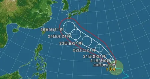 ▲日本氣象廳指出，今年第18號颱風「沙德爾」預計23日將增強至「非常強烈」等級（圖／截自ＦＮＮ新聞網）