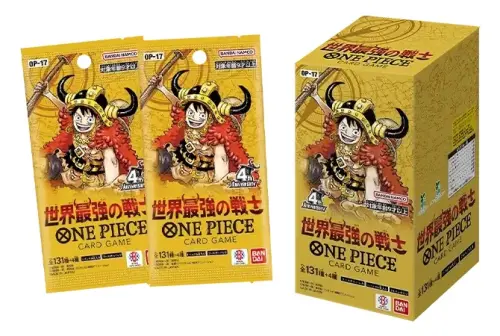 ▲《航海王》卡牌OP-17「世界最強的戰士」以魯夫為包裝主視覺，每包收錄6張卡牌，另有整盒販售。（圖／翻攝自ONE PIECE CARD GAME）