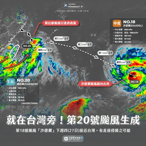 ▲氣象粉專「天氣即時預報」指出，簡拉維對台灣直接影響有限，主要可能拉強西南風，讓南部雨勢更加明顯，中度颱風沙德爾則有直接侵襲台灣的可能。（圖／氣象粉專「天氣即時預報」）
