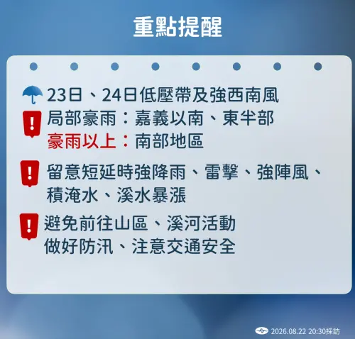 ▲氣象署預估雨勢至少持續至下周二清晨，期間可能出現短延時強降雨、雷擊及強陣風，山區與溪流更有溪水暴漲風險。（圖／中央氣象署cwa.gov.tw/）