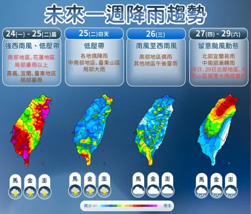 ▲受到西南風偏強以及低壓帶影響，中部以南要留意豪大雨發生。（圖／中央氣象署cwa.gov.tw）