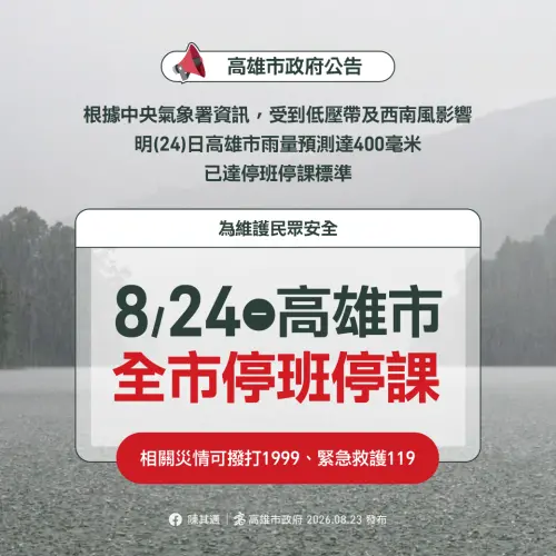 ▲高雄市今（24）日停止上班、停止上課。（圖／高雄市政府）