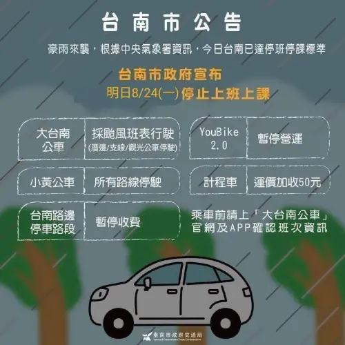 ▲台南市明（24）日停班停課，交通異動措施一覽。（圖／台南市政府）