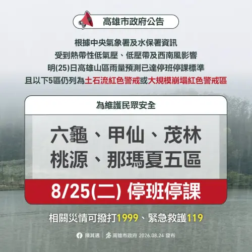 ▲高雄市5個行政區今（25）日停班停課。（圖／高雄市政府）