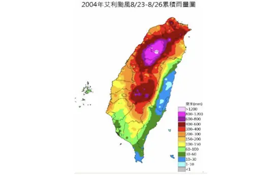 ▲2004年艾利颱風的路徑，讓新竹、桃園山區成為降雨核心，新竹山區2天累積雨量突破1300毫米。（圖／水利署資料）