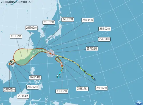 ▲中央氣象署發布 8 月 25 日凌晨 2 時最新颱風路徑預報圖，中度颱風「沙德爾」持續向西北西移動，外圍環流將為台灣帶來猛烈水氣。（圖／中央氣象署提供cwa.gov.tw）