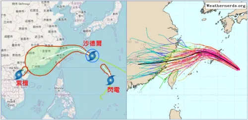 ▲左圖氣象署預測沙德爾颱風週四、五西轉掠過北部海面，太平洋海面上並有紫檀、閃電三颱共存；右圖歐洲（ECMWF）模式顯示平均路徑通過台灣北部海面。（圖／翻攝自洩天機教室專欄）