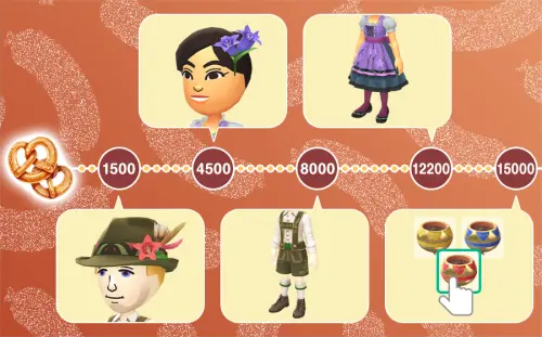 ▲活動期間累積蝴蝶結餅乾可依序解鎖限定Mii服裝，達15000個時還能自選顏色的月餅飾品皮克敏金色花苗。（圖／《Pikmin Bloom》）