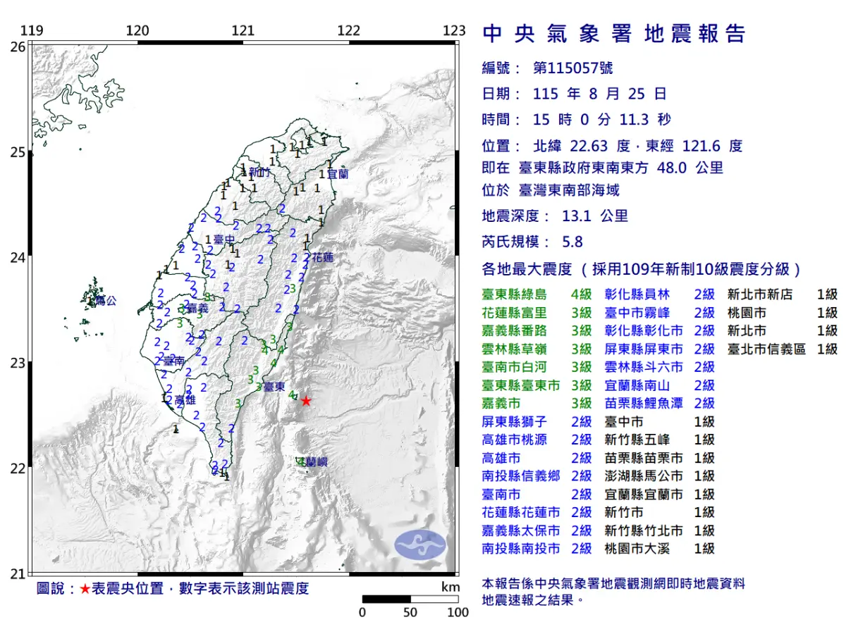 ▲今（25）下午3時於臺灣東南部海域，發生規模5.8地震。（圖／中央氣象署提供）cwa.gov.tw