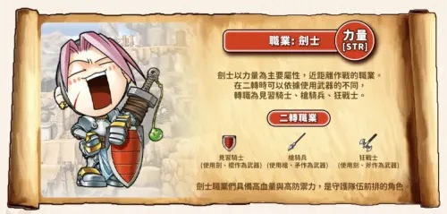 ▲劍士以力量為主要屬性，二轉可選擇見習騎士、槍騎兵及狂戰士。（圖／翻攝自《新楓之谷：經典版》）
