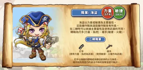 ▲海盜可依力量或敏捷發展，二轉分為近距離作戰的打手，以及使用火槍的槍手。（圖／翻攝自《新楓之谷：經典版》）