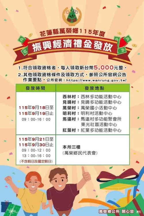 ▲2026普發一萬最新進度！花蓮縣萬榮鄉「每人5000元」振興經濟禮金。（圖／花蓮縣萬榮鄉公所FB）